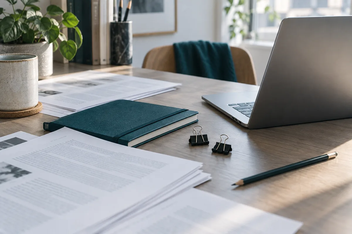 Company documents and a teal notebook beside a laptop on a working desk