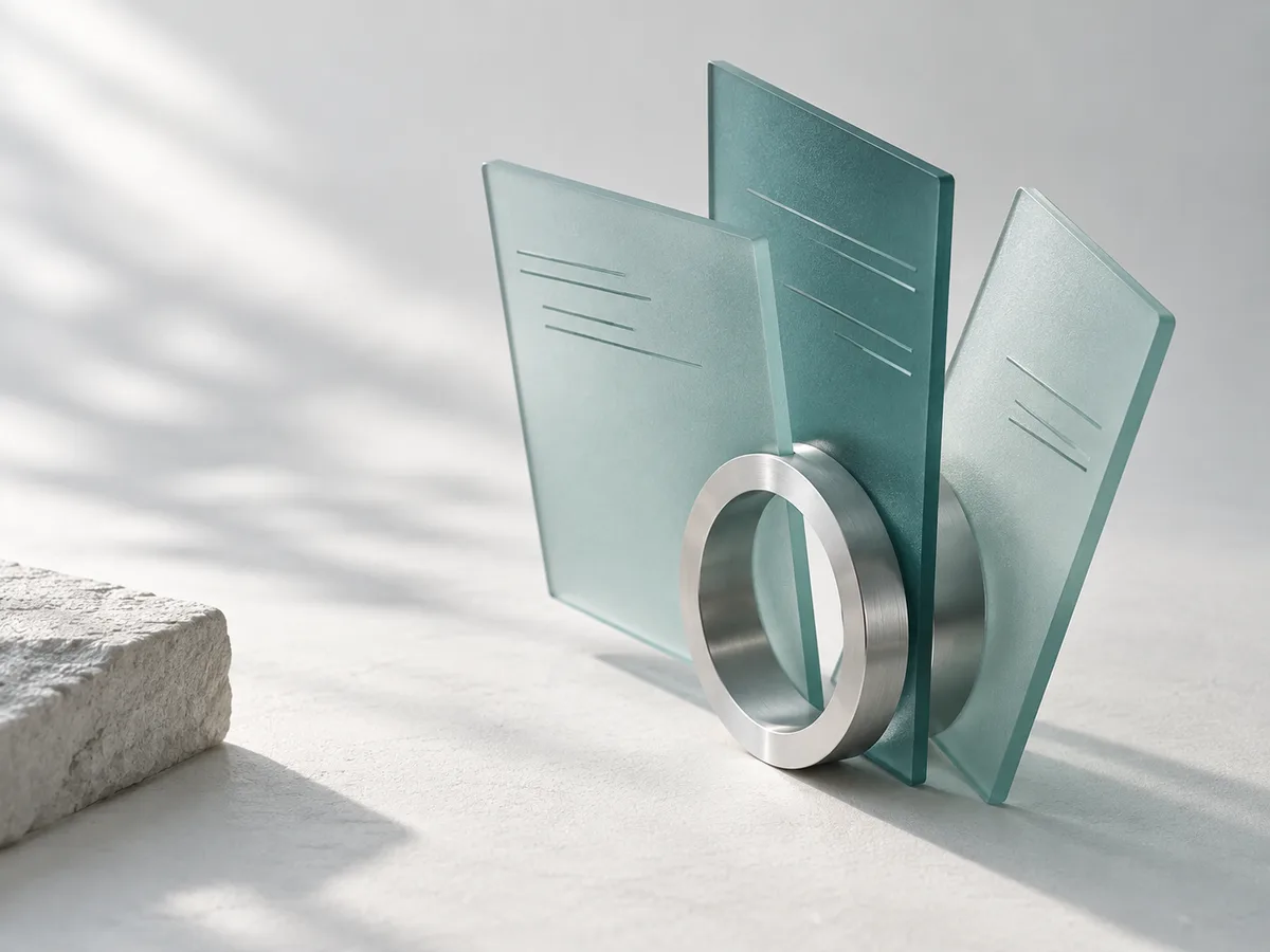 Translucent teal panels connected through a silver ring, an illustration of shared company knowledge