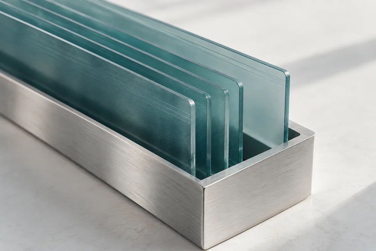 Aligned translucent panels held in a silver channel, illustrating an organized source collection